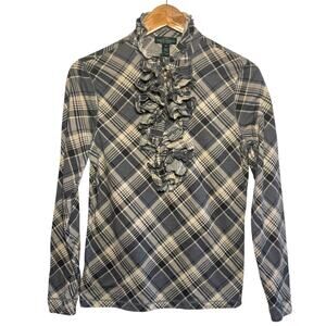 LRL Lauren Jeans Co Gray Plaid Ruffle Front Pullover Blouse Size Medium